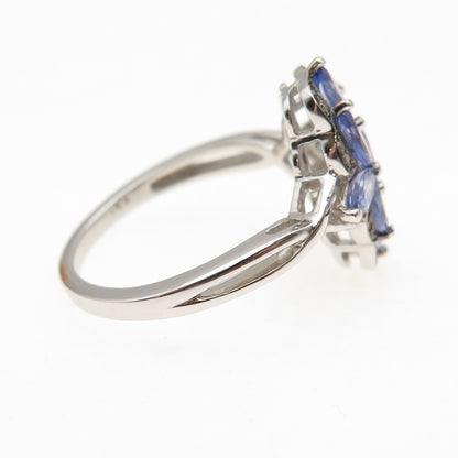 925 Sterling Silver Real Round-Cut Diamond & Marquise-Cut Tanzanite Ring Size 8