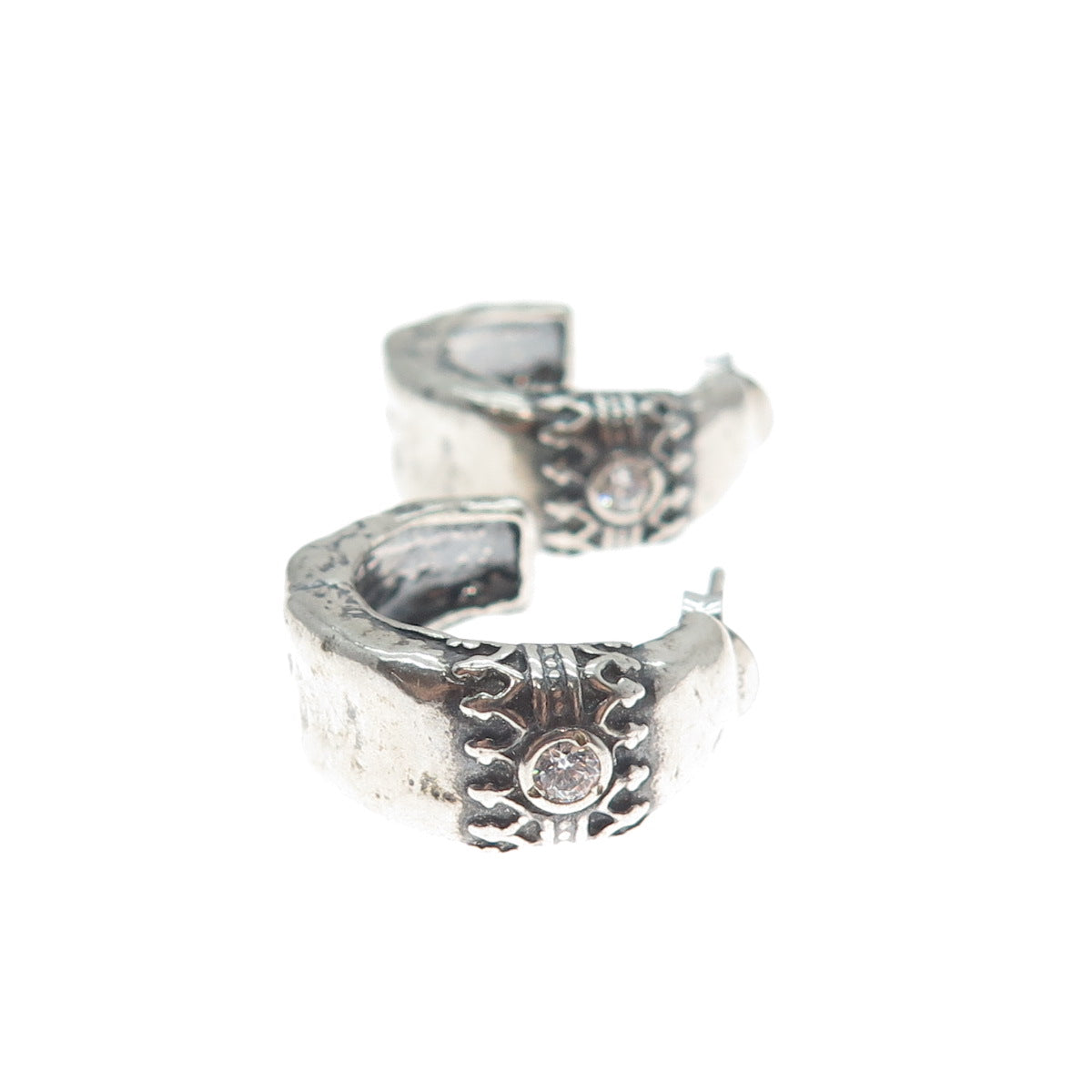 925 Sterling Silver Vintage Israel C Z Modernist Oxidized Hoop Earrings