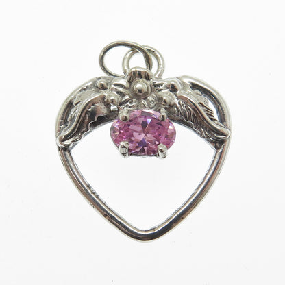 925 Sterling Silver Vintage Oval-Cut Pink C Z Flower Heart Pendant