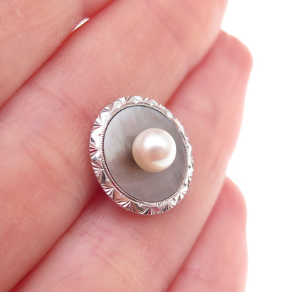 Mikimoto Sterling Silver Antique Japan Real Akoya Pearl & Abalone Shell Button