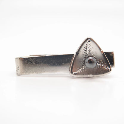 925 Sterling Silver Vintage Real Hematite Gem Etched Tie Clip