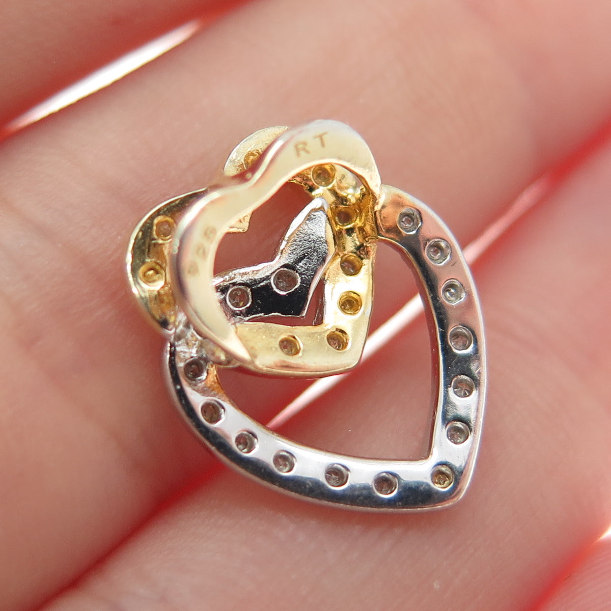 925 Sterling Silver 2-Tone Real Diamond Interlocked Heart Slide Mini Pendant