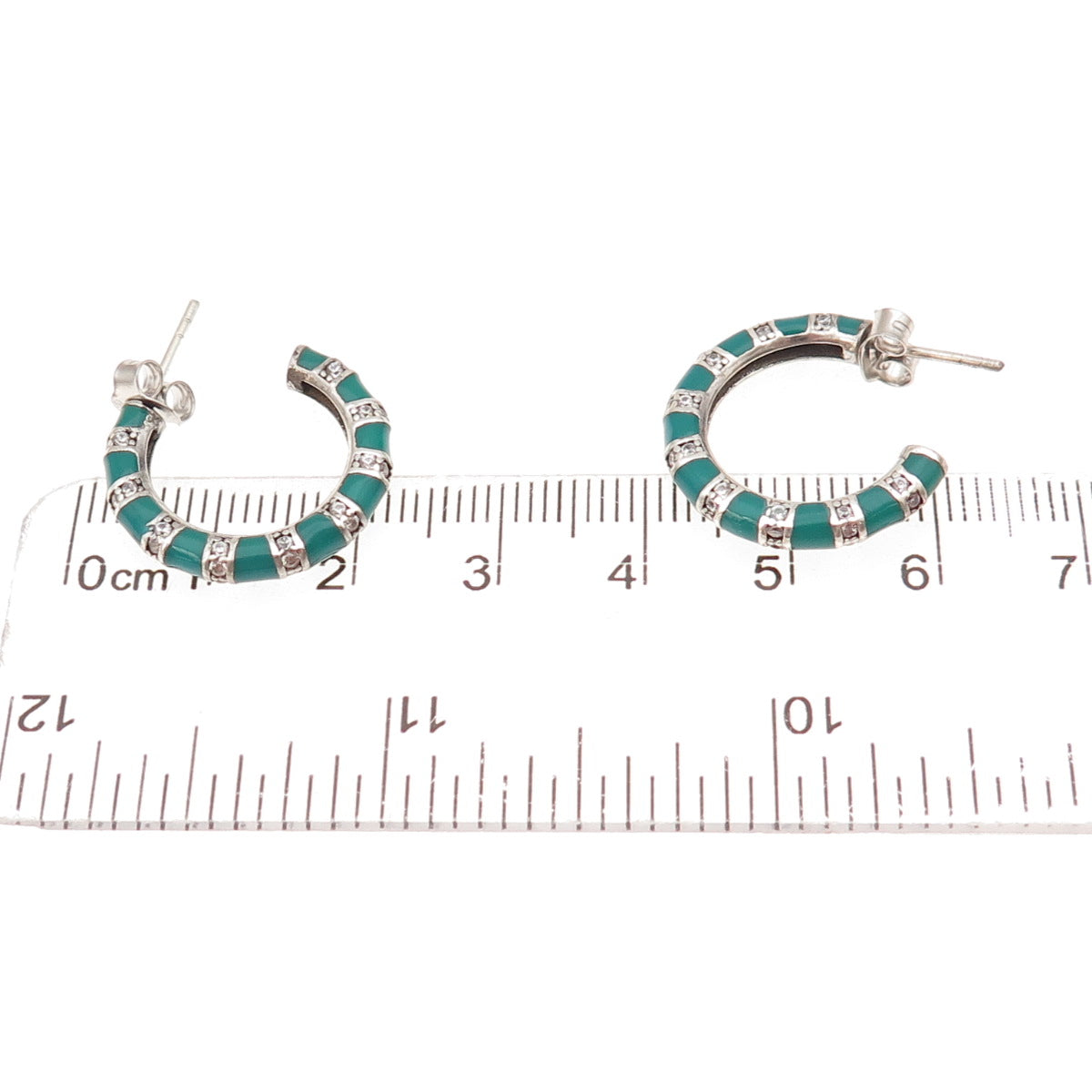 925 Sterling Silver Enamel & C Z Bamboo Hoop Earrings