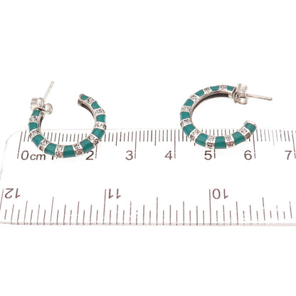 925 Sterling Silver Enamel & C Z Bamboo Hoop Earrings