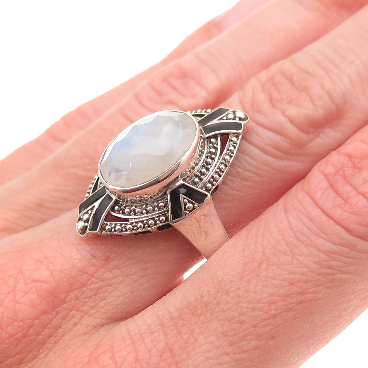 Nicky Butler Sterling Silver Vintage Enamel Real Moonstone Oxidized Ring Size 9