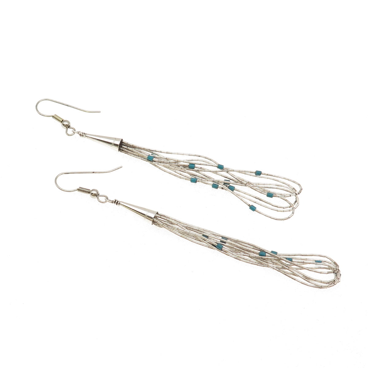 Old Pawn Sterling Silver Vintage Turquoise Liquid Chain Tribal Dangle Earrings