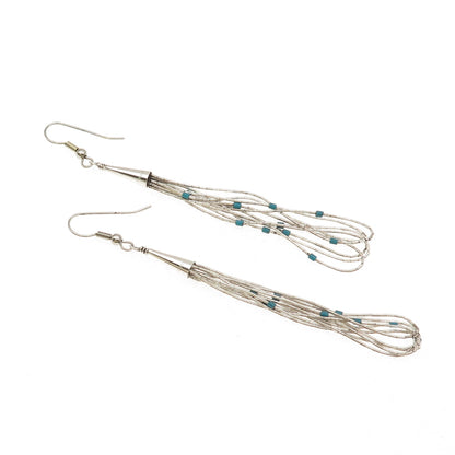 Old Pawn Sterling Silver Vintage Turquoise Liquid Chain Tribal Dangle Earrings