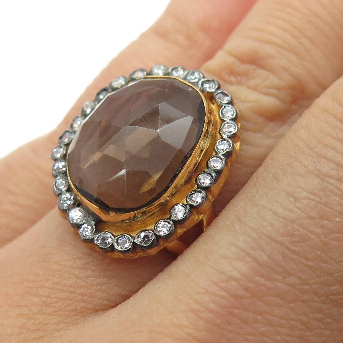 925 Sterling Silver Gold Plated Vintage Real Smoky Quartz & C Z Ring Size 6.5