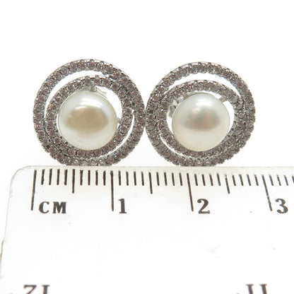 925 Sterling Silver Real Pearl & Round-Cut C Z Multi-Circle Stud Earrings