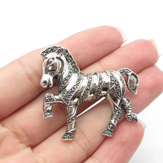 925 Sterling Silver Vintage Judith Jack Real Marcasite Gem Horse Pin Brooch
