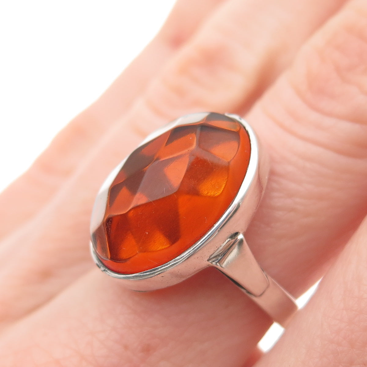 925 Sterling Silver Vintage LJ Poland Real Amber Modernist Ring Size 6.25