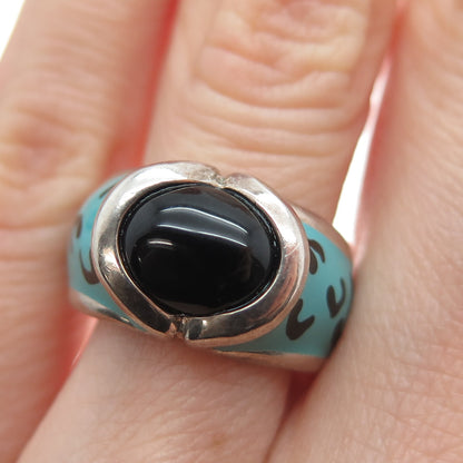CHATEAU D'ARGENT Sterling Silver Vintage Enamel Real Black Onyx Ring Size 6.5