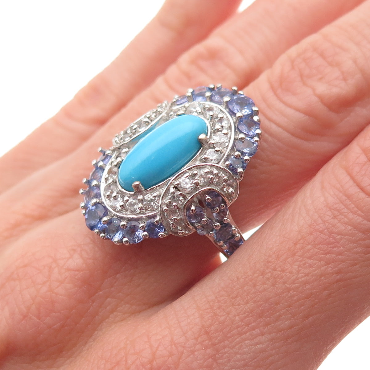 Chuck Clemency 925 Sterling Silver Real Turquoise Tanzanite Topaz Ring Size 8.25