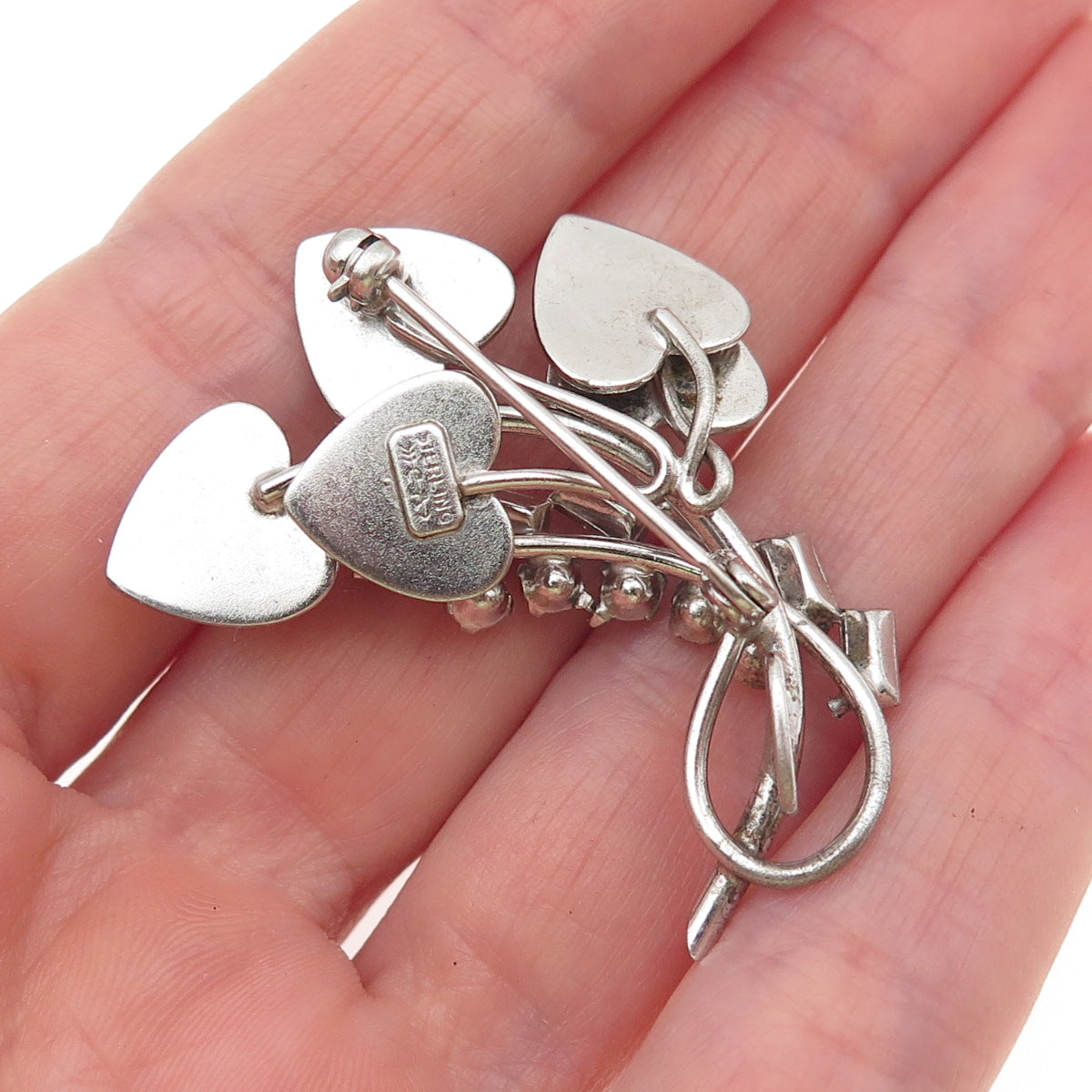 CARL ART 925 Sterling Silver Antique Art Deco Rhinestone Heart Floral Pin Brooch