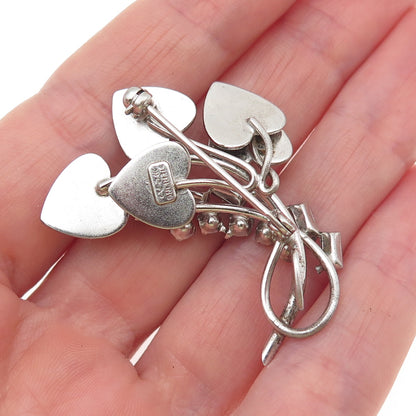 CARL ART 925 Sterling Silver Antique Art Deco Rhinestone Heart Floral Pin Brooch