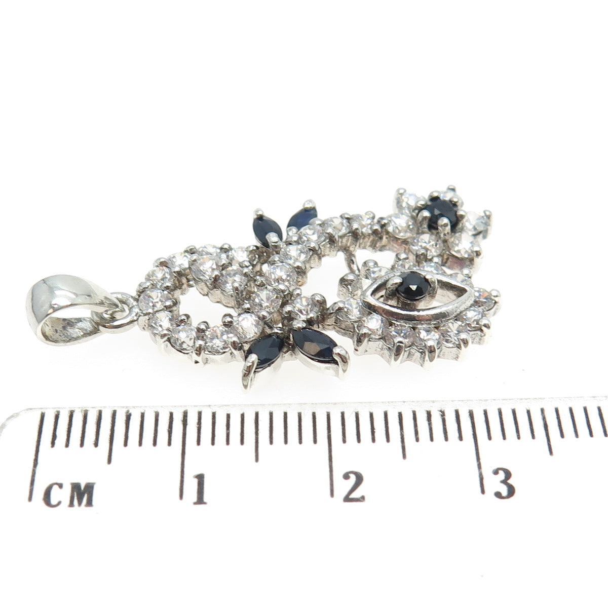 925 Sterling Silver Vintage Real Sapphire Gemstone & C Z Pendant