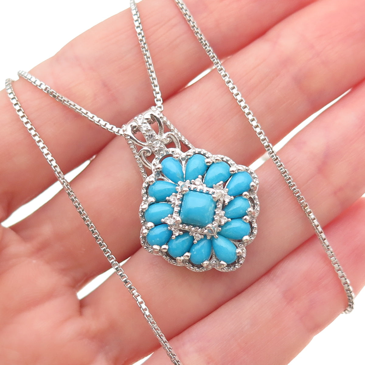 Chuck Clemency 925 Sterling Silver Real Turquoise & Topaz Box Chain Necklace 20"