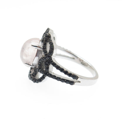 925 Sterling Silver Real Rose Quartz & Black Spinel Floral Ring Size 5