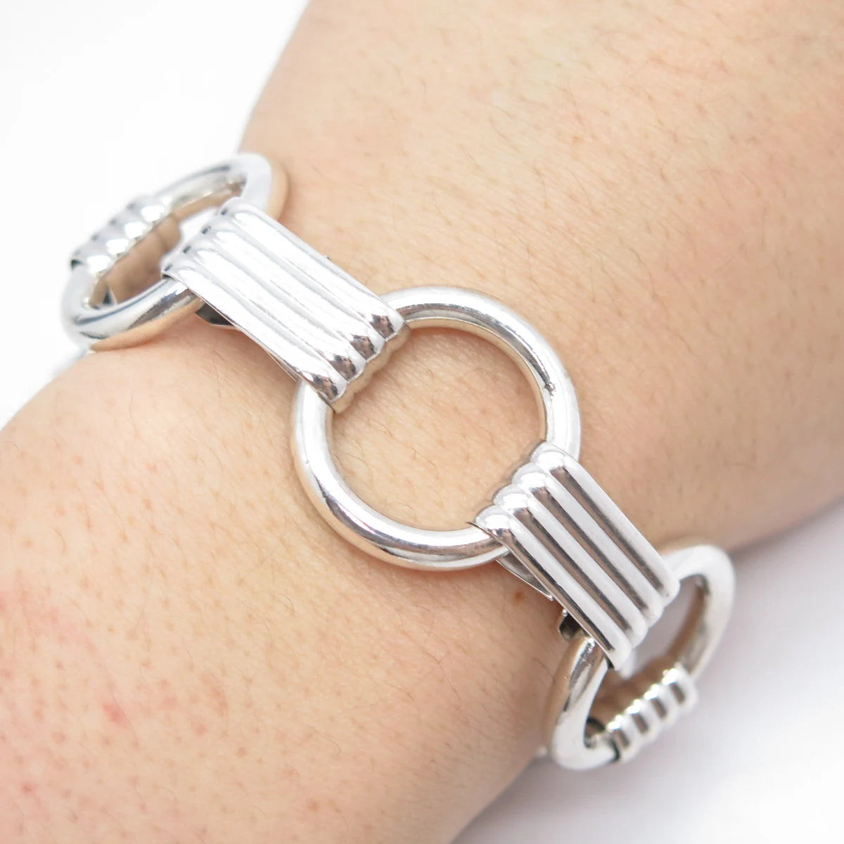 925 Sterling Silver Vintage Round & Bar Link Bracelet 7.25"