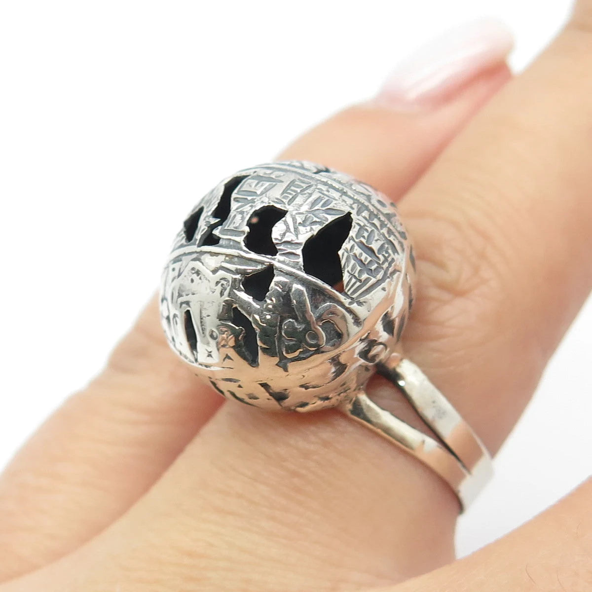 925 Sterling Silver Vintage Tribal Bead Adjustable Ring Size 7.25