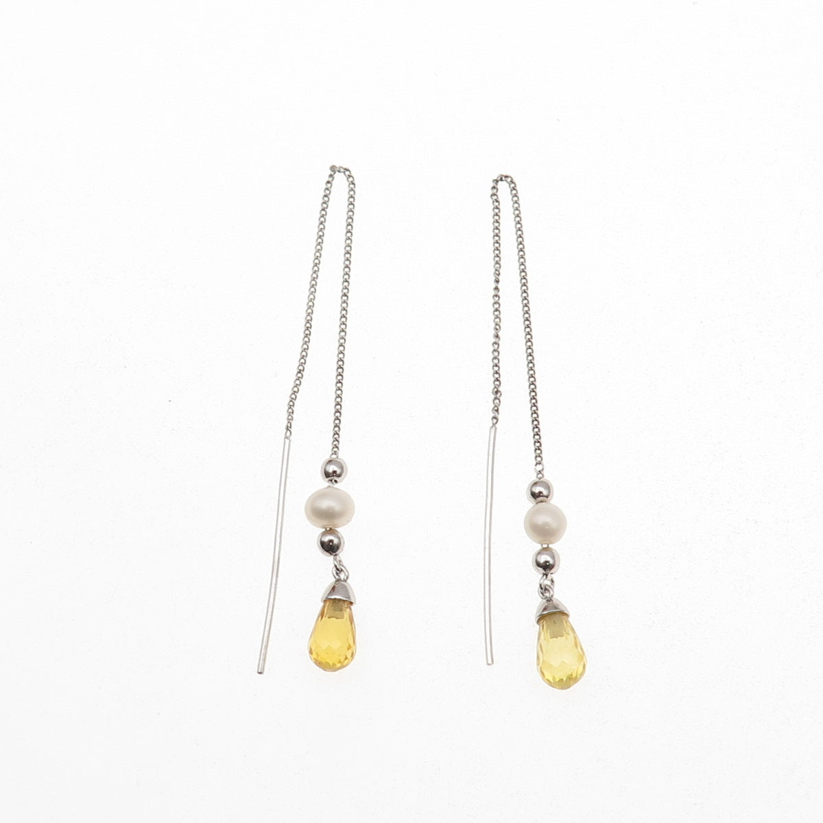 925 Sterling Silver Real Pearl & Lemon Quartz Chain Drop Earrings