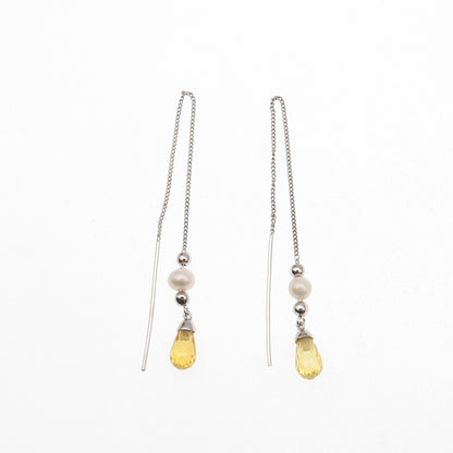 925 Sterling Silver Real Pearl & Lemon Quartz Chain Drop Earrings