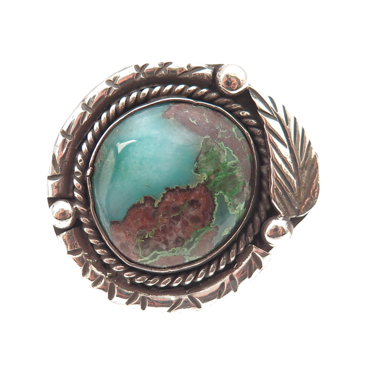 Old Pawn Sterling Silver Vintage Southwestern Turquoise Feather Ring Size 7.25
