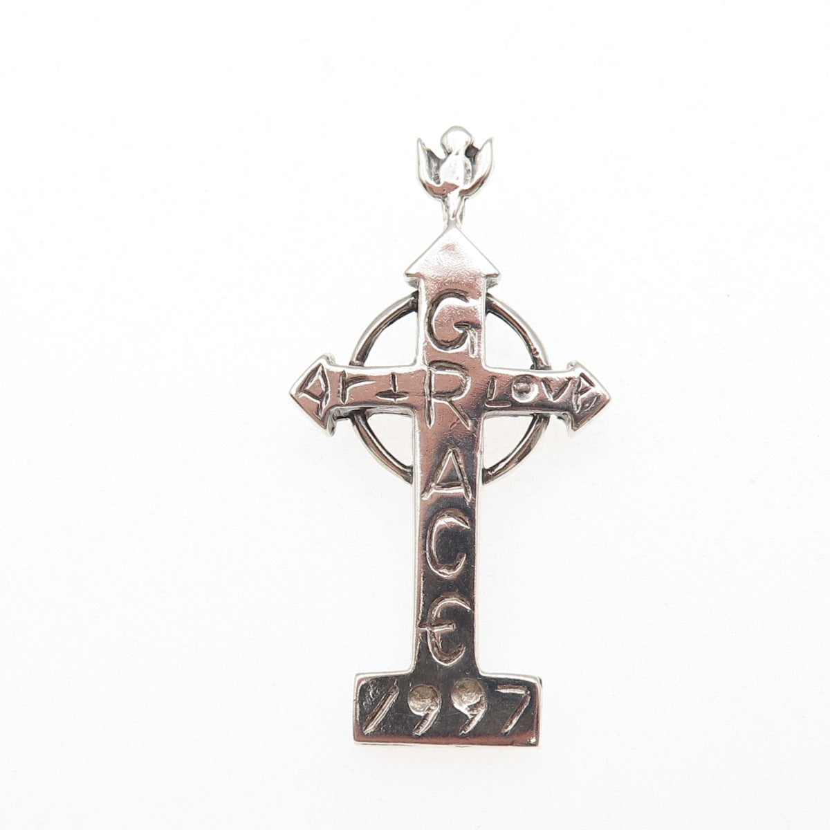925 Sterling Silver Vintage 1997 Art Love Grace Cross Charm Pendant