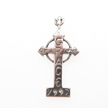 925 Sterling Silver Vintage 1997 Art Love Grace Cross Charm Pendant
