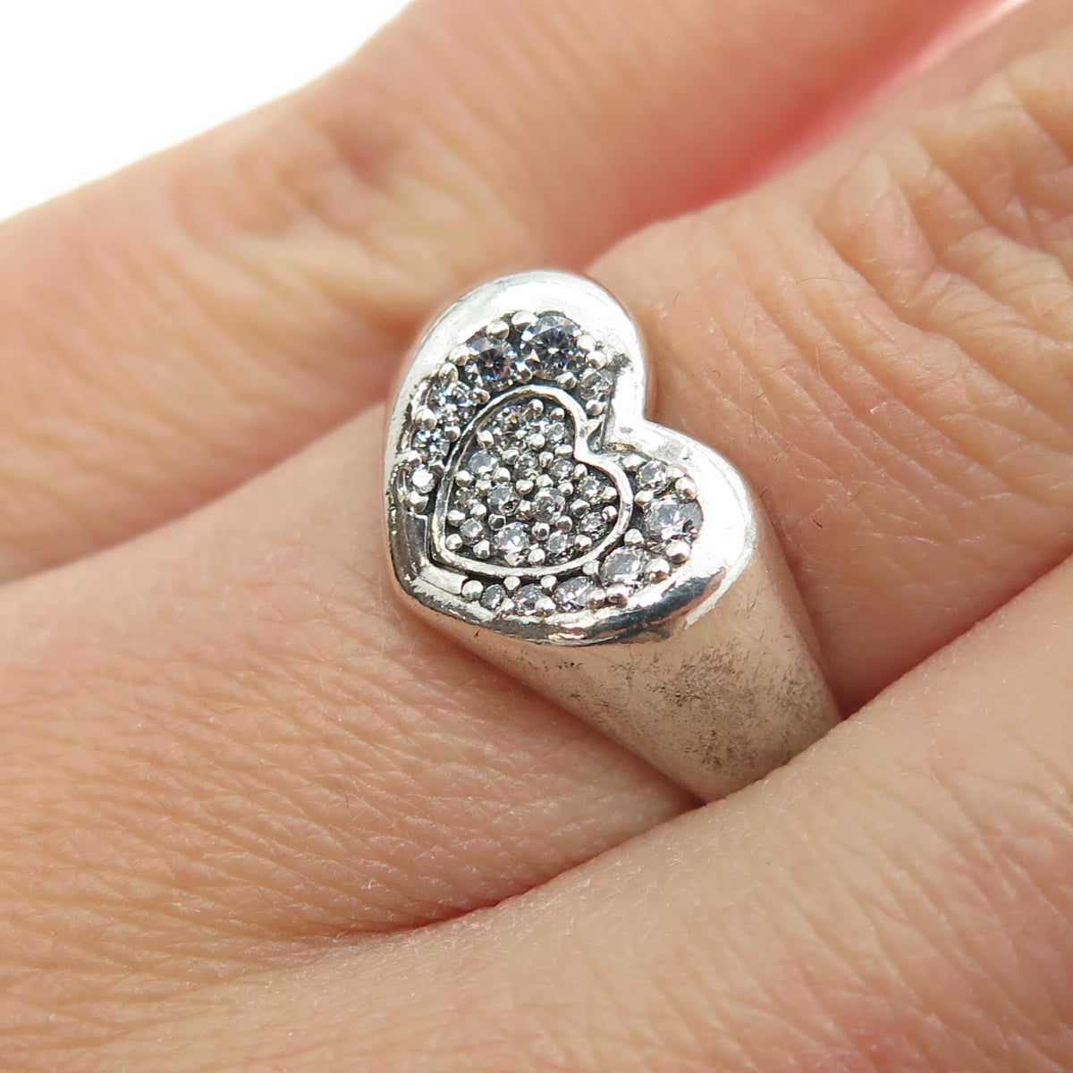 PANDORA 925 Sterling Silver Round-Cut C Z Heart Ring Size 6