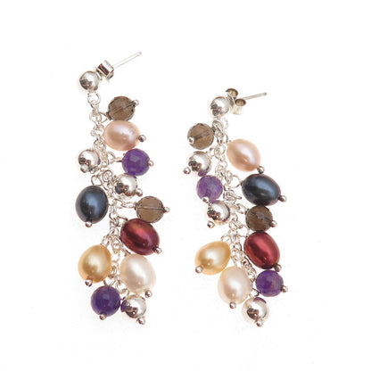 925 Sterling Silver Vintage Real Pearl Amethyst Smoky Quartz Dangle Earrings