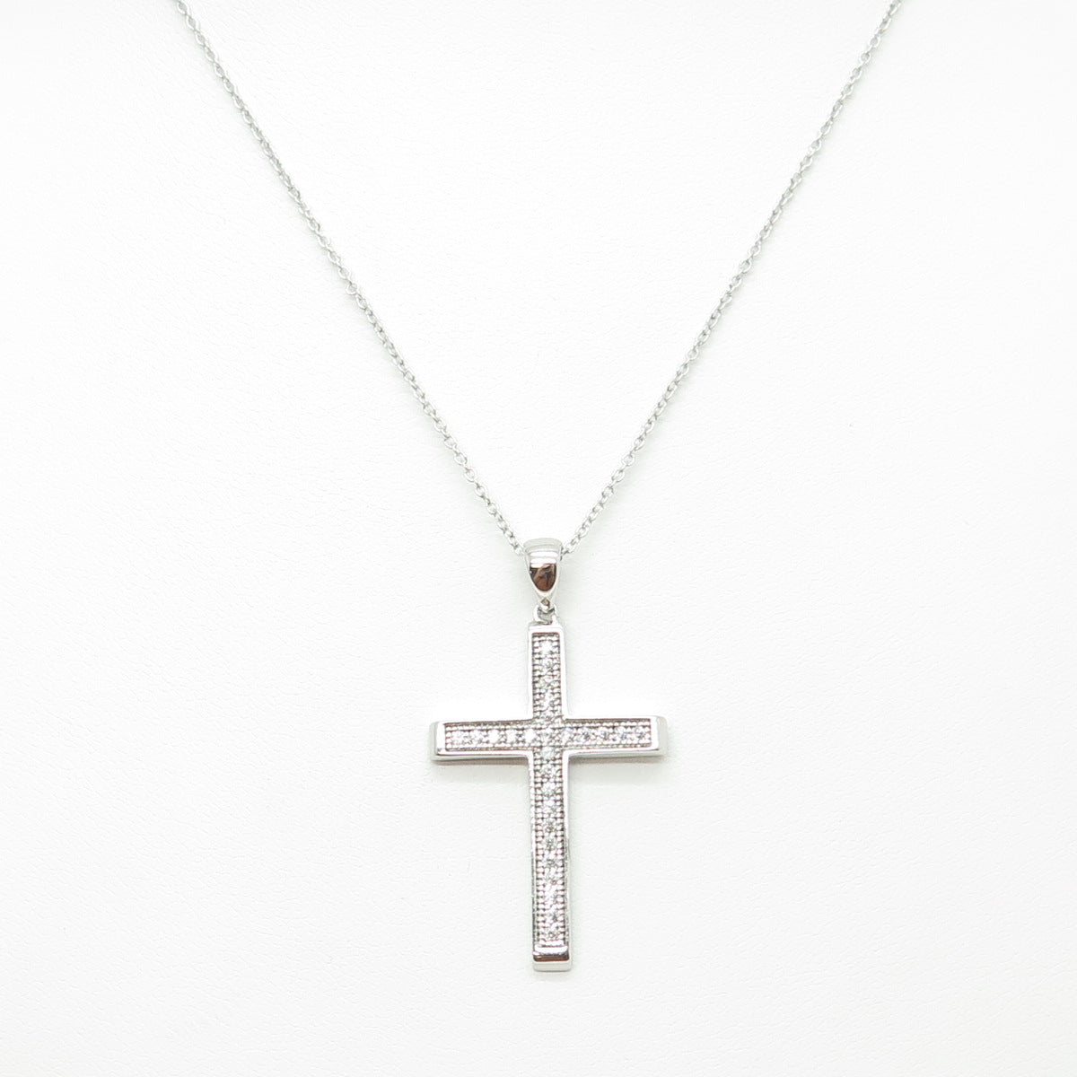 925 Sterling Silver Round-Cut C Z Cross Cable Chain Necklace 16-18"