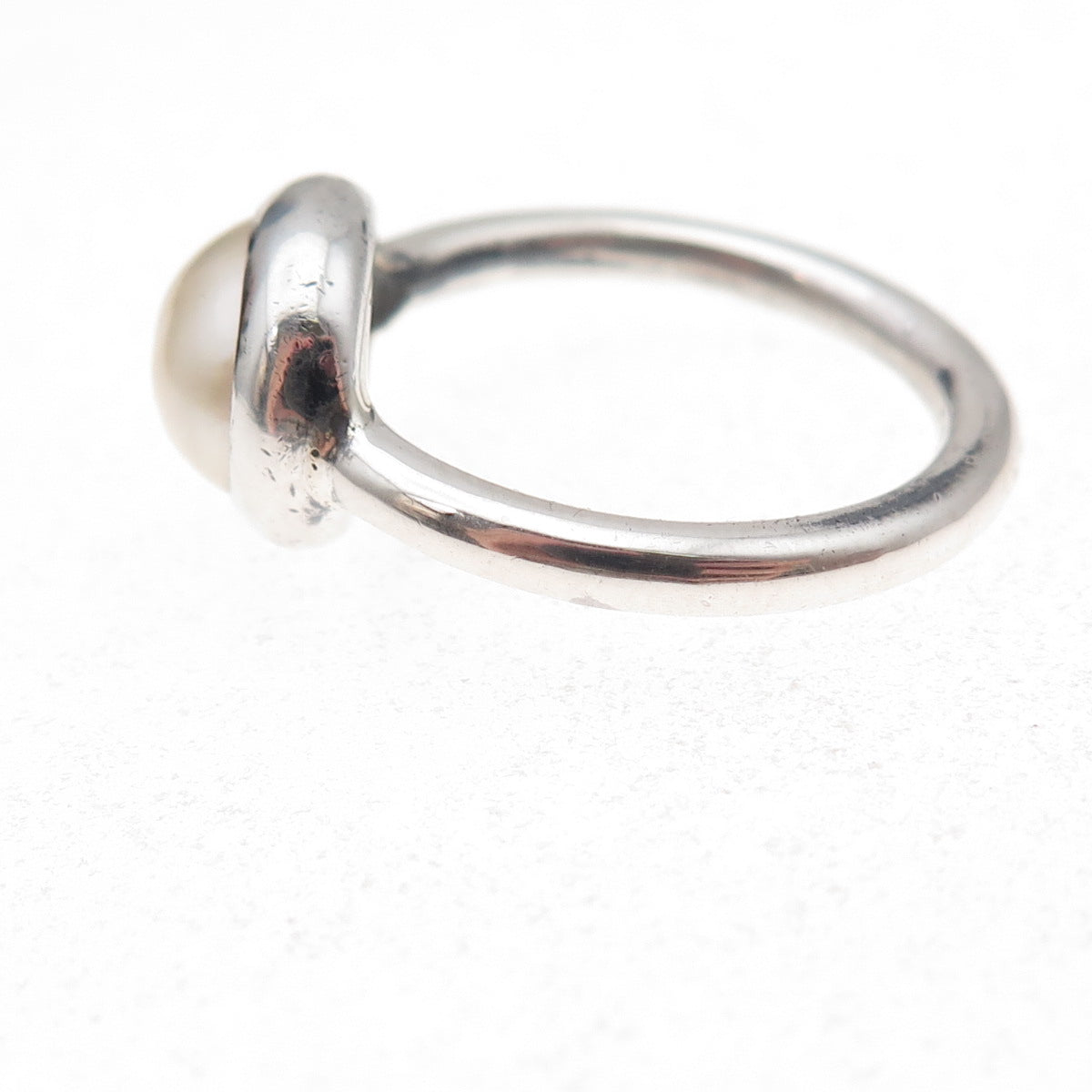 925 Sterling Silver Vintage Real Pearl Modernist Oxidized Ring Size 7.5
