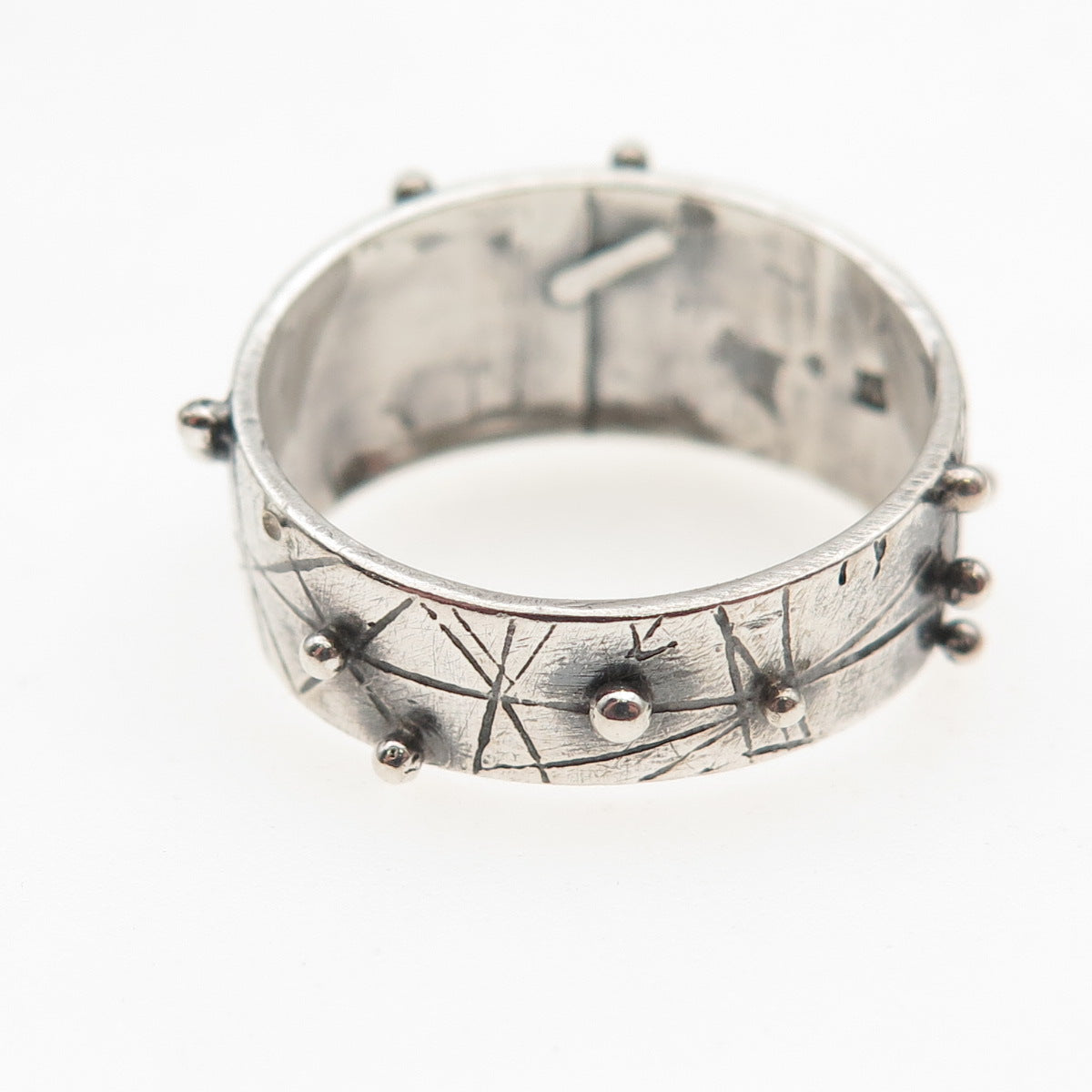 925 Sterling Silver Vintage Modernist Beaded Oxidized Ring Size 8.5