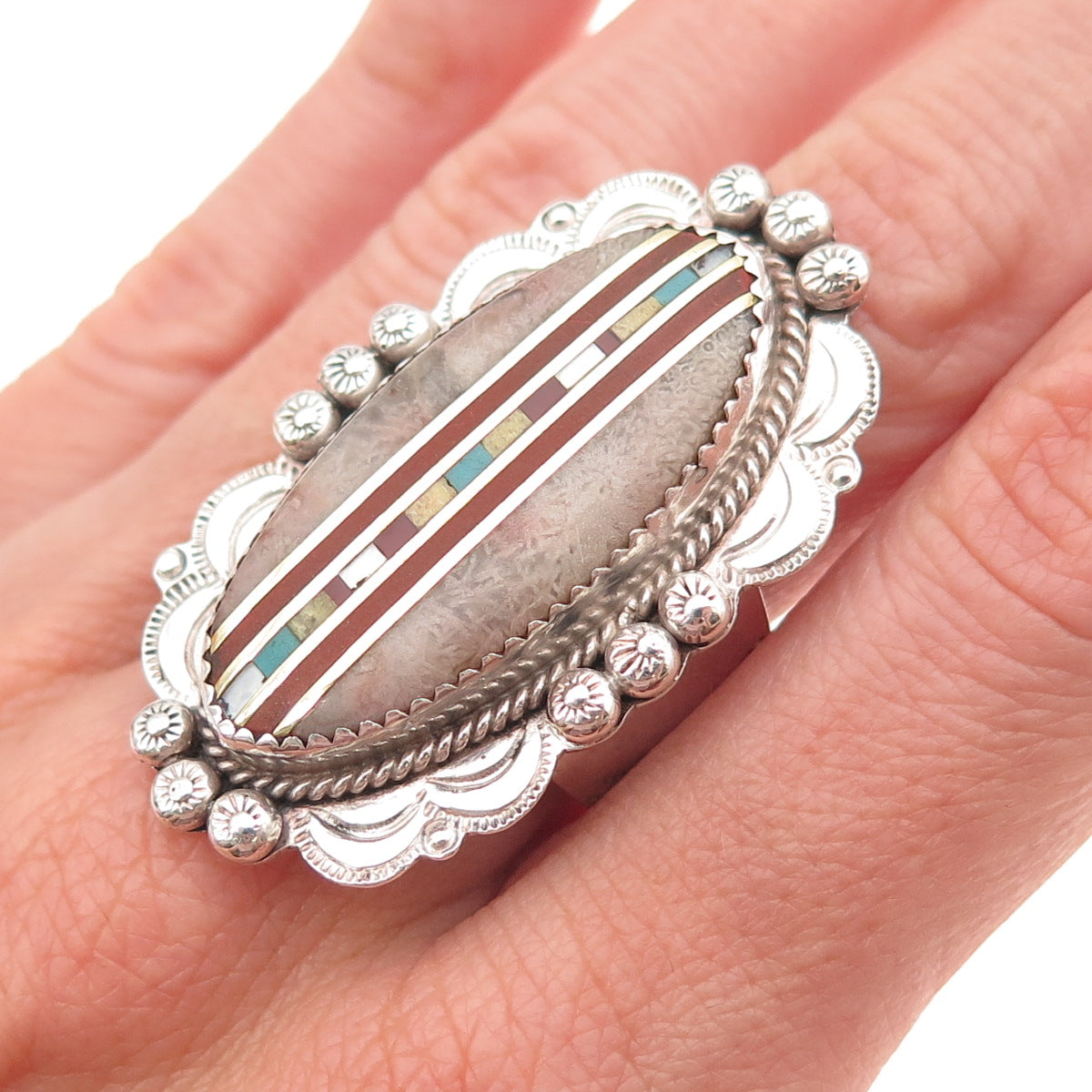 Old Pawn 925 Sterling Turquoise Rhodonite Coral MOP Adjustable Ring Size 8.75