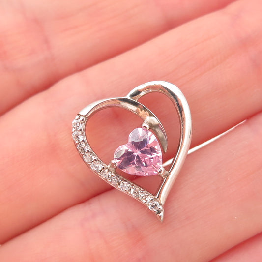 925 Sterling Silver Pink & White C Z Heart Slide Charm Pendant