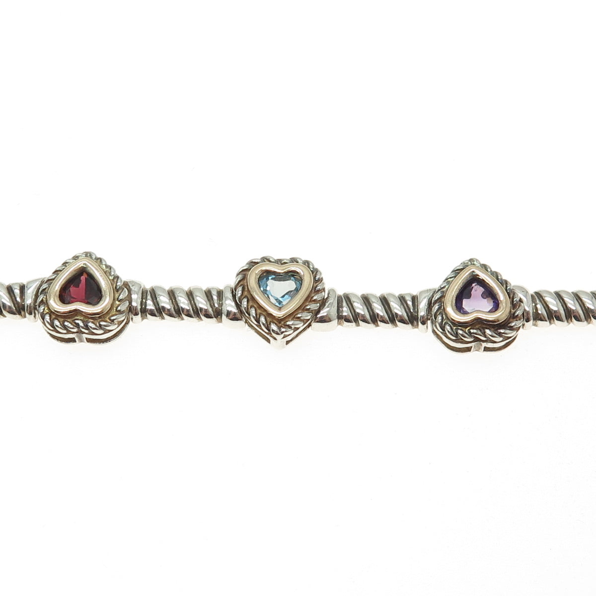 ROSS SIMONS 925 Sterling Silver 14K Gold Real Multi-Gem Heart Link Bracelet 6.5"