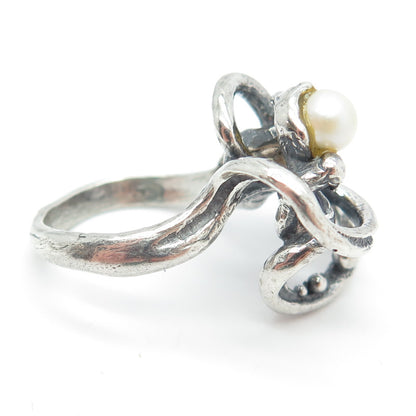 925 Sterling Silver Vintage Real Pearl Modernist Ring Size 6.75