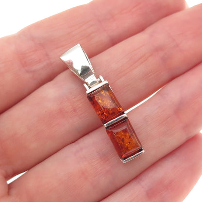 925 Sterling Silver Vintage Real Amber Bar Charm Pendant