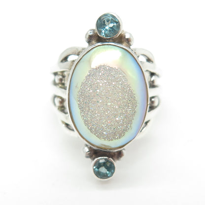 SAJEN 925 Sterling Silver Vintage Druzy Aquamarine Gem Adjustable Ring Size 8.25