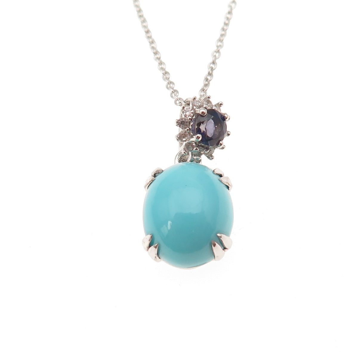 925 Sterling Silver Real Turquoise Iolite & White Topaz Cable Chain Necklace 18"