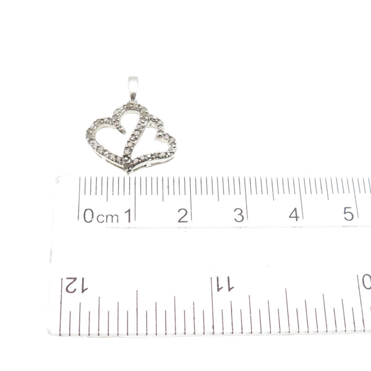 925 Sterling Silver Real Round-Cut Diamond Double Heart Mini Charm Pendant