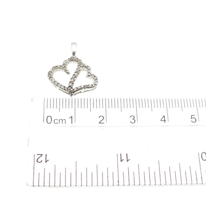 925 Sterling Silver Real Round-Cut Diamond Double Heart Mini Charm Pendant