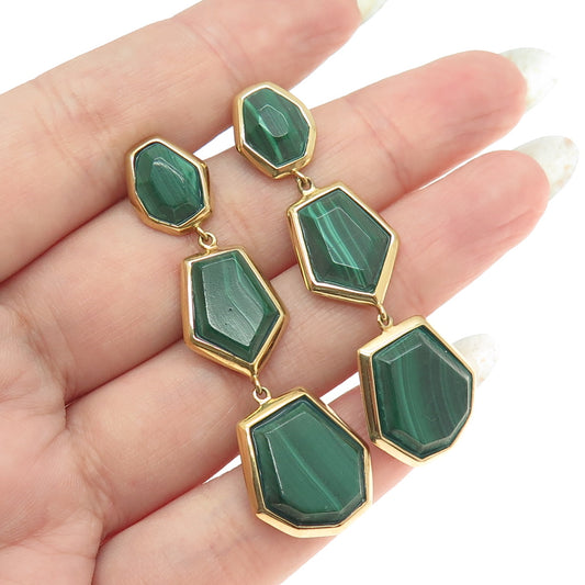 925 Sterling Silver Gold Plated Vintage Real Malachite Gem Dangle Earrings