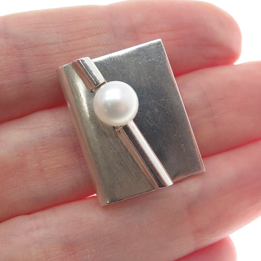 925 Sterling Silver Vintage Real Pearl Modernist Minimalist Pendant