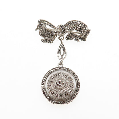 Kimler & Daniel Sterling Antique Art Deco Real MOP Marcasite Bow Locket Brooch