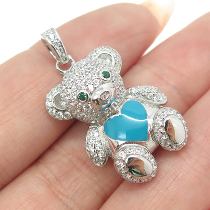 925 Sterling Silver Enamel Round-Cut Blue & White C Z Teddy Bear Pendant