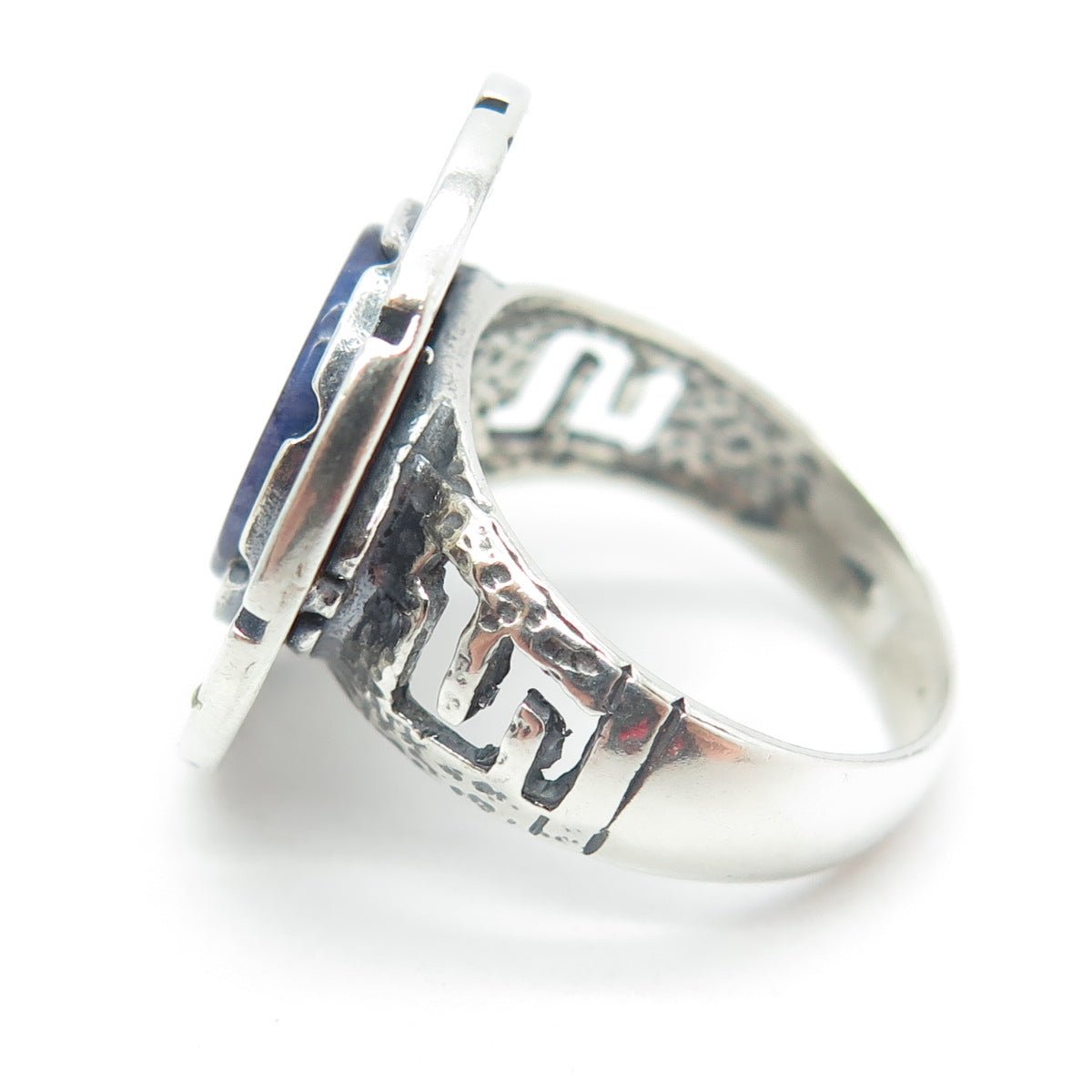 925 Sterling Silver Vintage Real Sodalite Gemstone Greek Maze Ring Size 7.5
