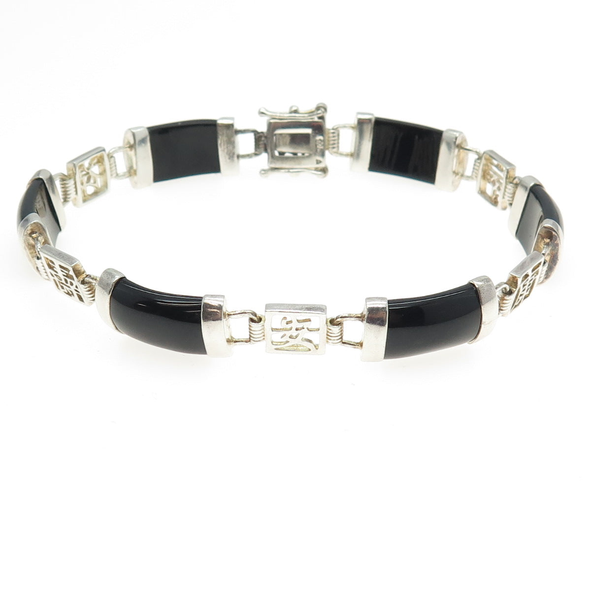 925 Sterling Silver Vintage Real Black Onyx Chinese Character Panel Bracelet 8"