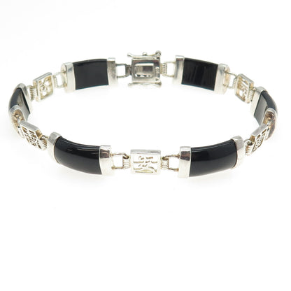 925 Sterling Silver Vintage Real Black Onyx Chinese Character Panel Bracelet 8"